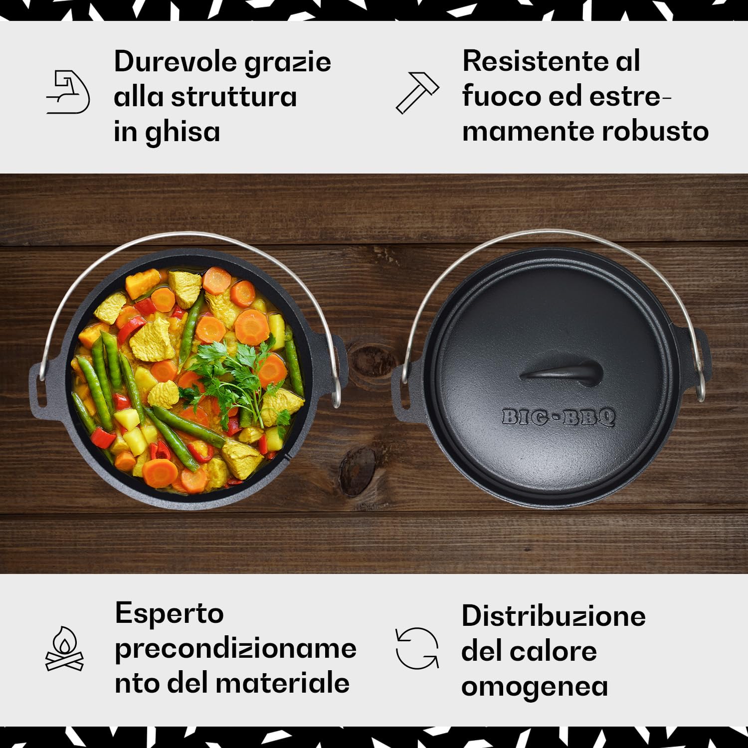 ToCi Dutch Oven Pre-Stagionato, Forno Olandese con Coperchio in Ghisa, Casseruola da Campeggio con Leva e Supporto del Coperchio, 10.7 Litri