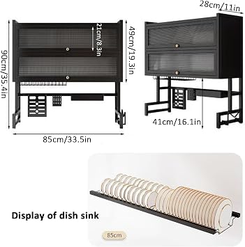 Over The Sink Dish Drainer Drying Rack 4 Tiers with Cover, Keep Kitchen Sink Shlef Organized Space-Saving Dish Drying Rack, Large Drying Rack for Dishes, Glasses, Bowls, Cutlery W-33.5in