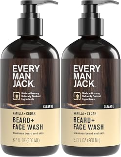 Every Man Jack Beard + Face Wash Vanilla Cedar 2-Pack - Natural Cleanser Softens Beard & Skin w/Aloe Glycerin 6.7oz