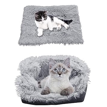 iHeartYard Furry Self Warming Cat Bed Mat, 2-in-1 Soft Pet Sleeping Blanket Cushion Bed Pad for Cats Small Dogs, Comfy Pet Heated Nest Mat Anti-Slip for Cats and Puppies White