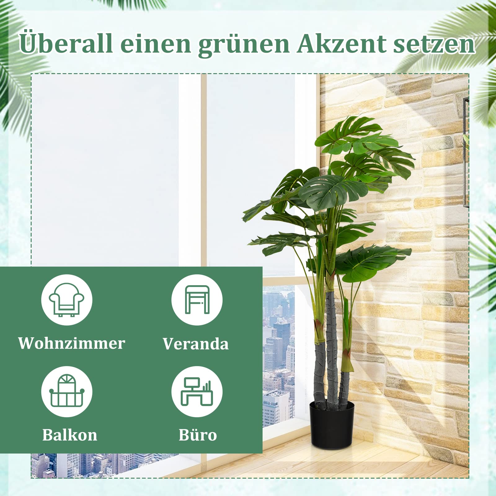 GOPLUS Sztuczne drzewko monstera o wysokości 120 cm, sztuczna roślina Monstera Deliciosa z 20 dużymi liśćmi, 3 pniami i realistycznym mchem, zawsze zielona sztuczna roślina z doniczką do wewnątrz i na zewnątrz