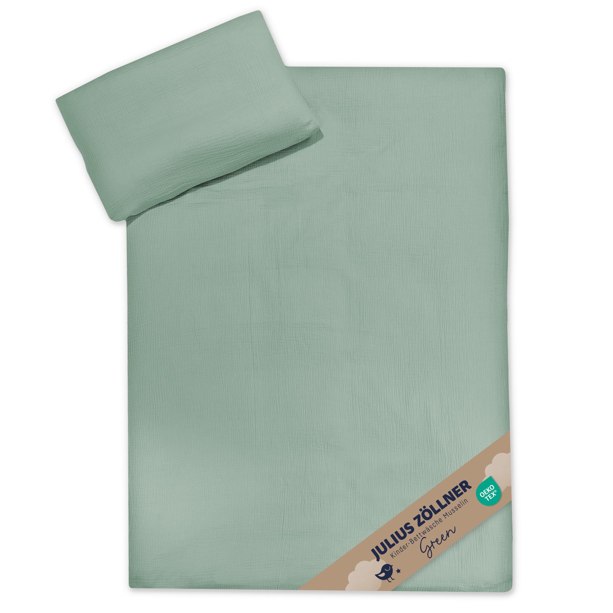 Julius Zöllner Musselin Kinderbettwäsche 100x135 + 40x60 cm | 2-teiliges Set aus Deckenbezug und Kissenbezug aus 100% Baumwollmusselin | Oeko-TEX Standard 100 | grün
