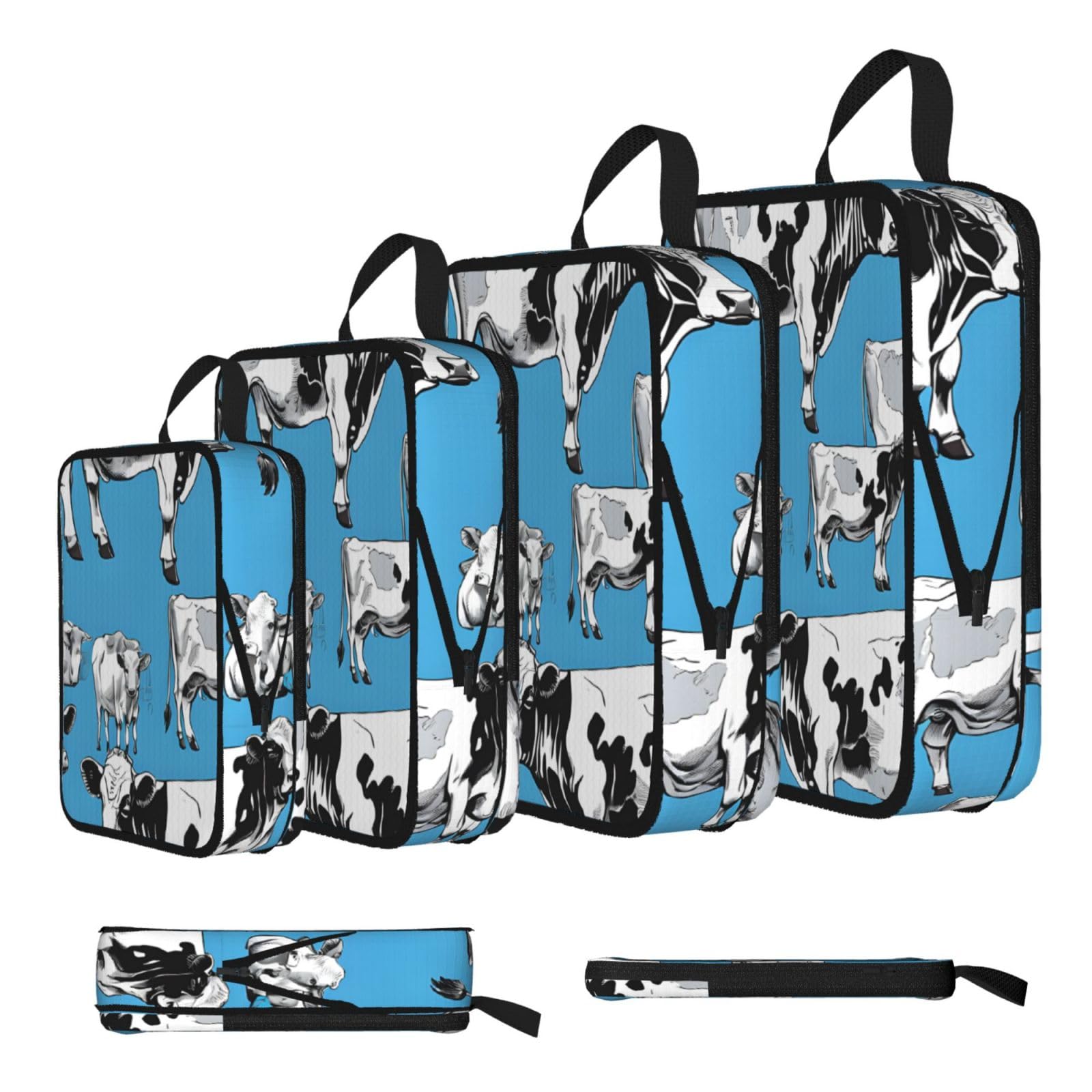 Ezdlowvba Black Cow Print Compression Packing Cubes 4-Piece Set With Multi- Compartment Travel Bag, Waterproof Suitcase Organiser Bags