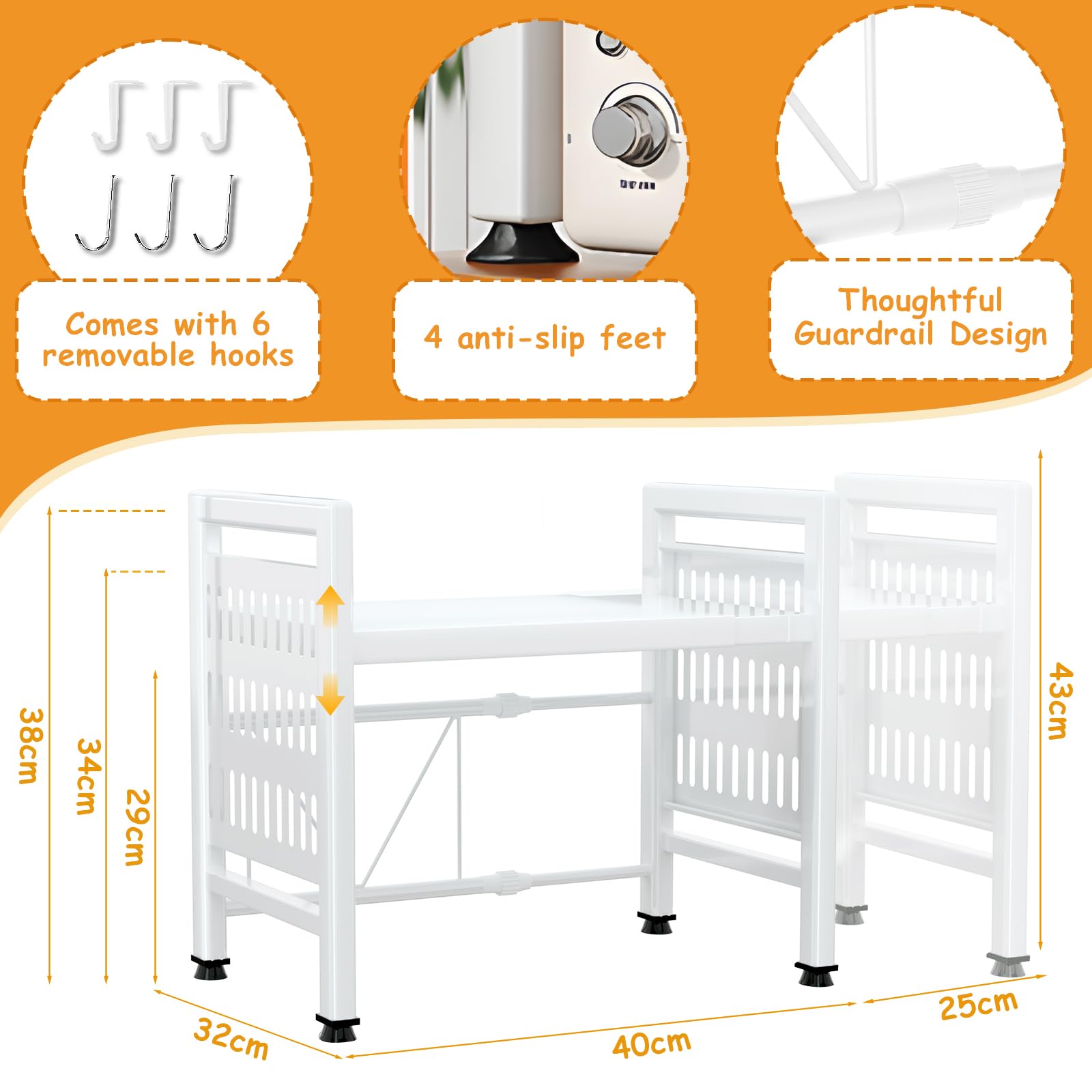 ZLPBAO 2-stufig Mikrowellenregal Weiß, Hohe Stabilität, da rutschfeste & gummierte Füße - Höhen & längenverstellbares Mikrowellen Regal 40-64cm, Regal küche mit 6 Hängenden & Anleitung, Werkzeug