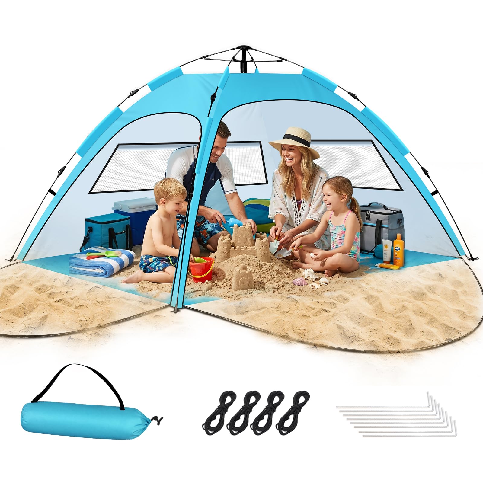 Purebox Strandmuschel, Strandzelt für 2-4 Personen, tragbares automatisches Strandzelt, UV50+ Schutz mit Doppeltüren, Strandmuscheln Geeignet für Familien-Strandcamping, Gartengrill, Wanderzelt