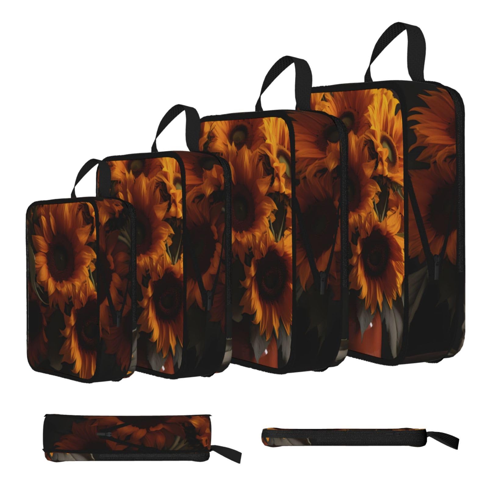 Ezdlowvba Black Sunflower Pattern Print Compression Packing Cubes 4-Piece Set With Multi- Compartment Travel Bag, Waterproof Suitcase Organiser Bags