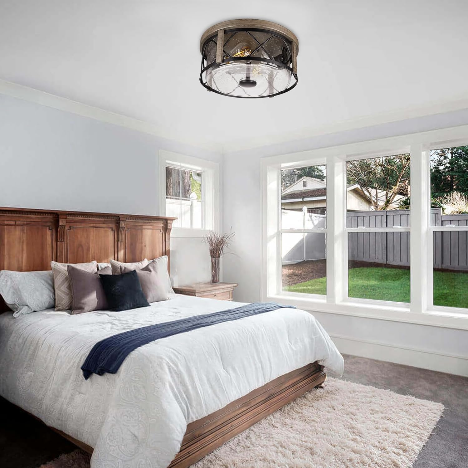 Rustic Close to Ceiling Light Fixtures, Farmhouse Wood Grain Flush Mount Ceiling Lighting, Metal Cage Lighting with Seeded Glass for Home Kitchen Dining Room Bedroom Hallway Entryway Foyer