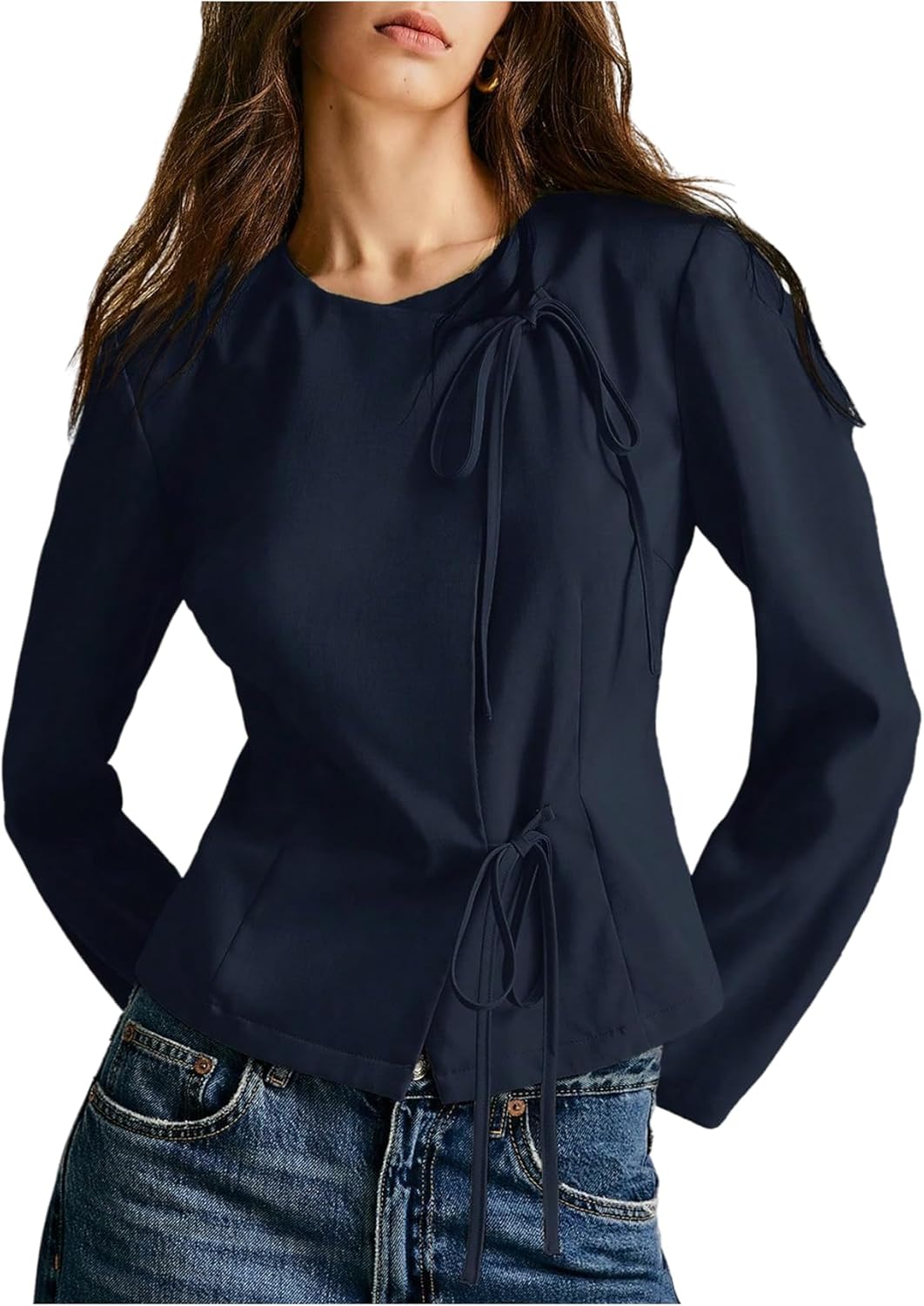 MakeMeChic Women's Crew Neck Blouse Wrap Tie Side Long Sleeve Business Dressy Tops