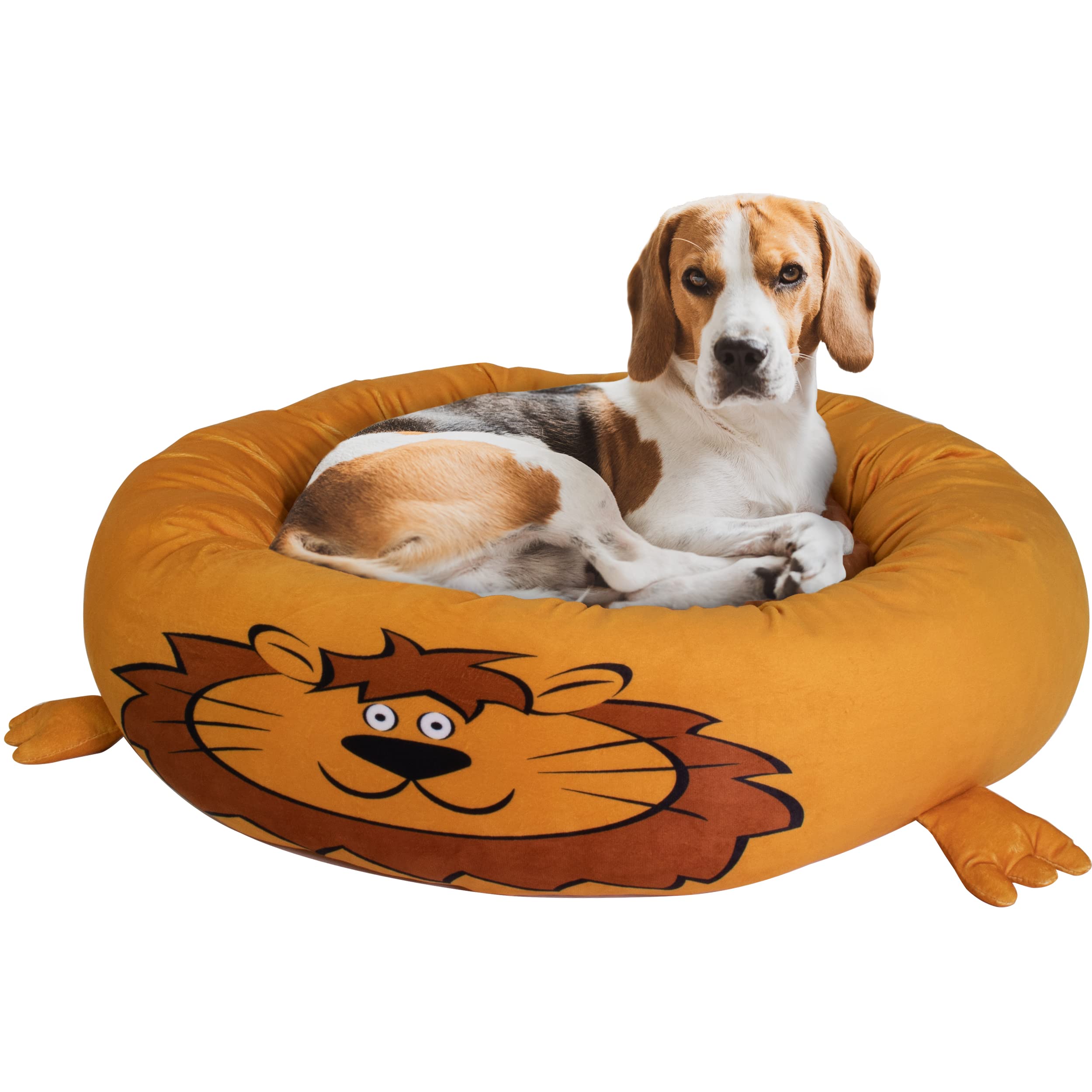 Maccabi Art 24" Lion Donut Pet Bed – Round Soft Plush Bed for Small Dogs & Cats – Calming Anti-Anxiety Fluffy Bolster Bed – Washable Indoor