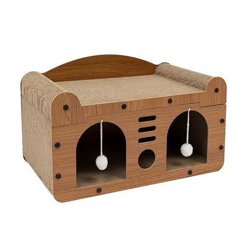 Cama para gato, casa para gatos marrón con bolas de juego rectangular