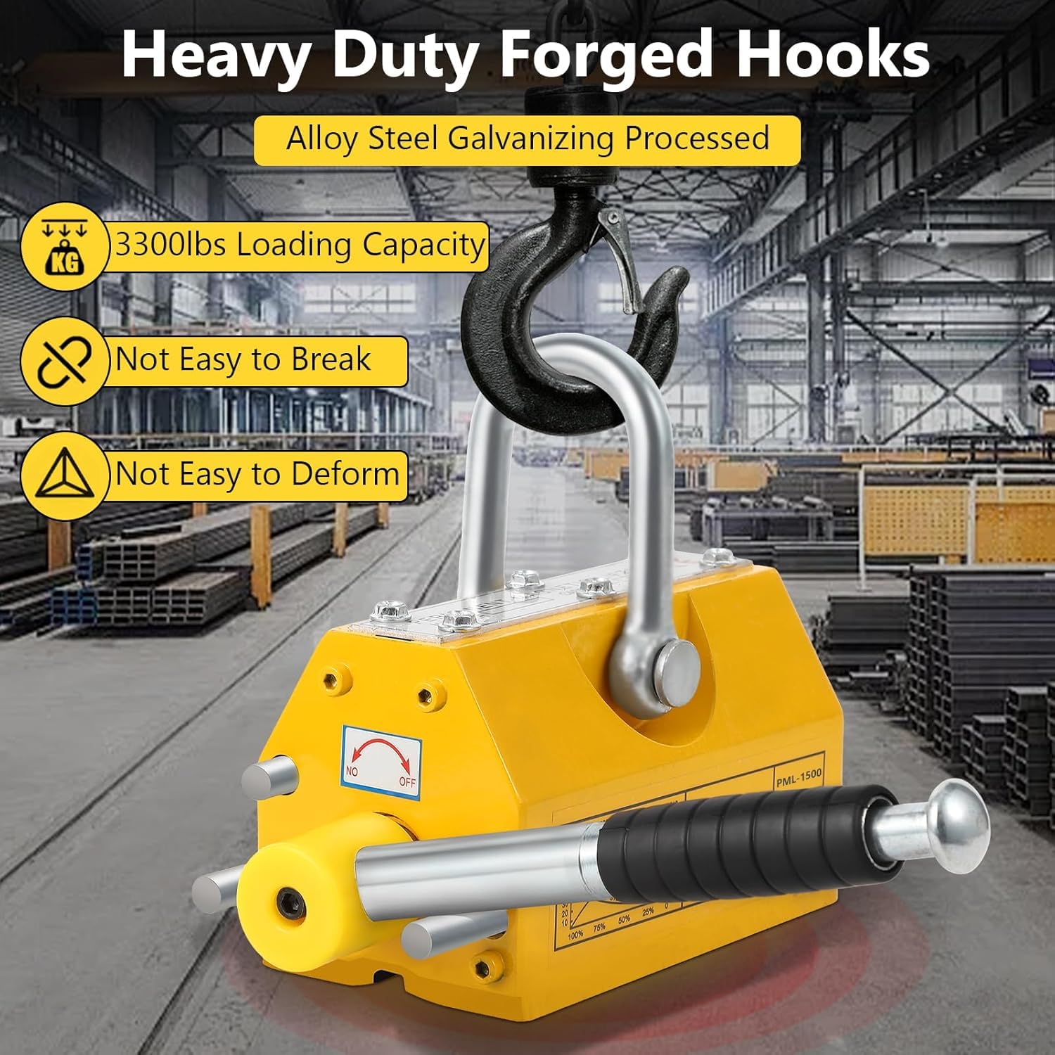 Steel Magnetic Lifter, Heavy Duty Neodymium – Permanent Lift Magnets, for Hoist, Shop Crane, Block, Board,2.5 Safety Factor Updated Version（3300LBS）