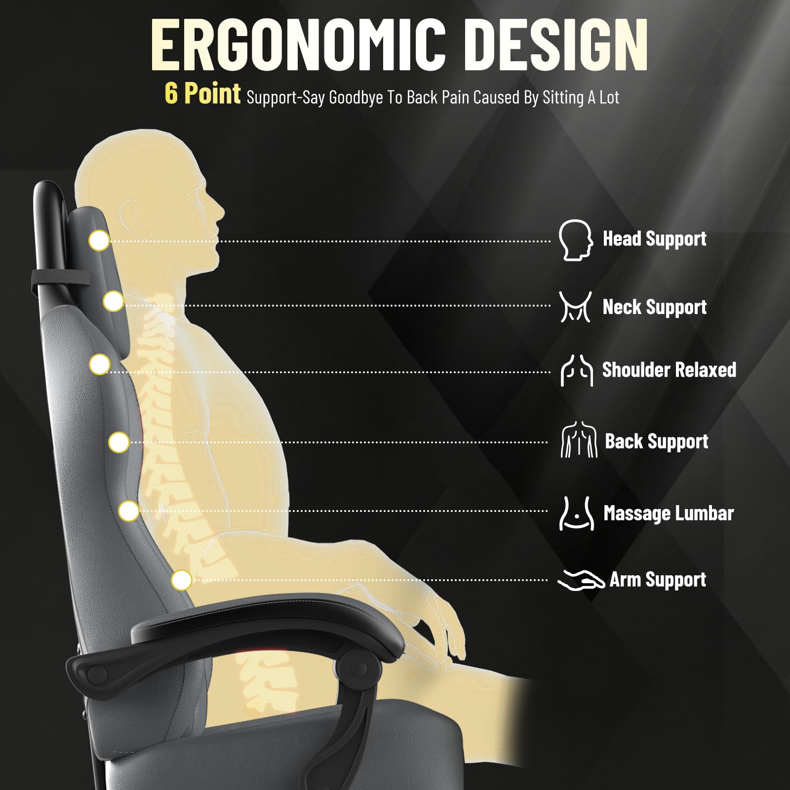 Ferghana Sedia Gaming Ergonomica - Pelle PU Facile da Pulire, Supporto Lombare, Poggiatesta, Poggiapiedi, Altezza Regolabile, Girevole, Adatta Anche Come Sedia Ufficio, Scrivania, PC (Grigio-Nero)