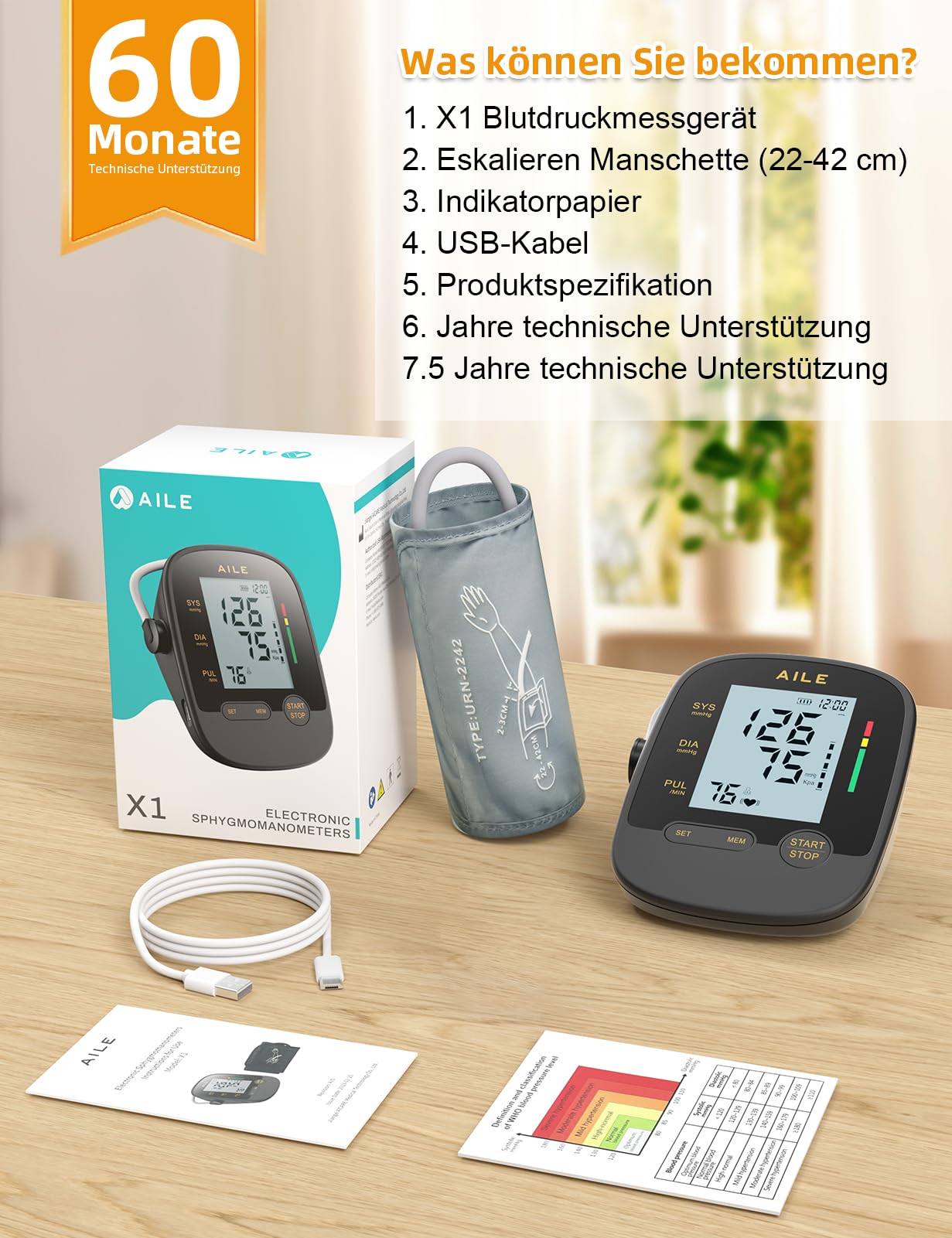 AILE Oberarm Blutdruckmessgerät für den Hausgebrauch,Digitale Blutdruckmessgeräte mit Verstellbar Große Manschette (22-42 cm) Automatisches Bluthochdruck Messgerät Einknopfbedienung