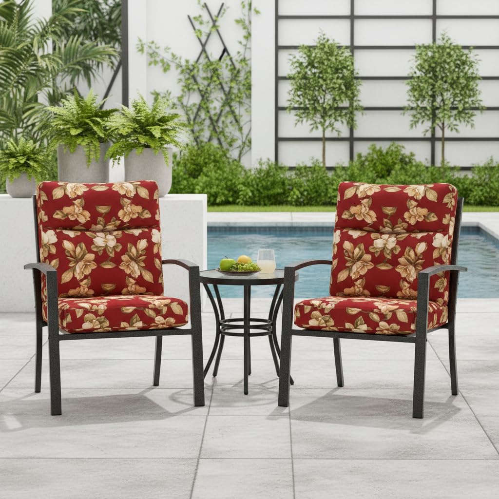 Outdoor Tufted High-Back Chair Cushions, One-Piece Hinged Seat and Back Design, Reversible with 4 Ties, Durable Polyester Fabric, Recycled Fiber Fill - Set of 2, Roma Floral