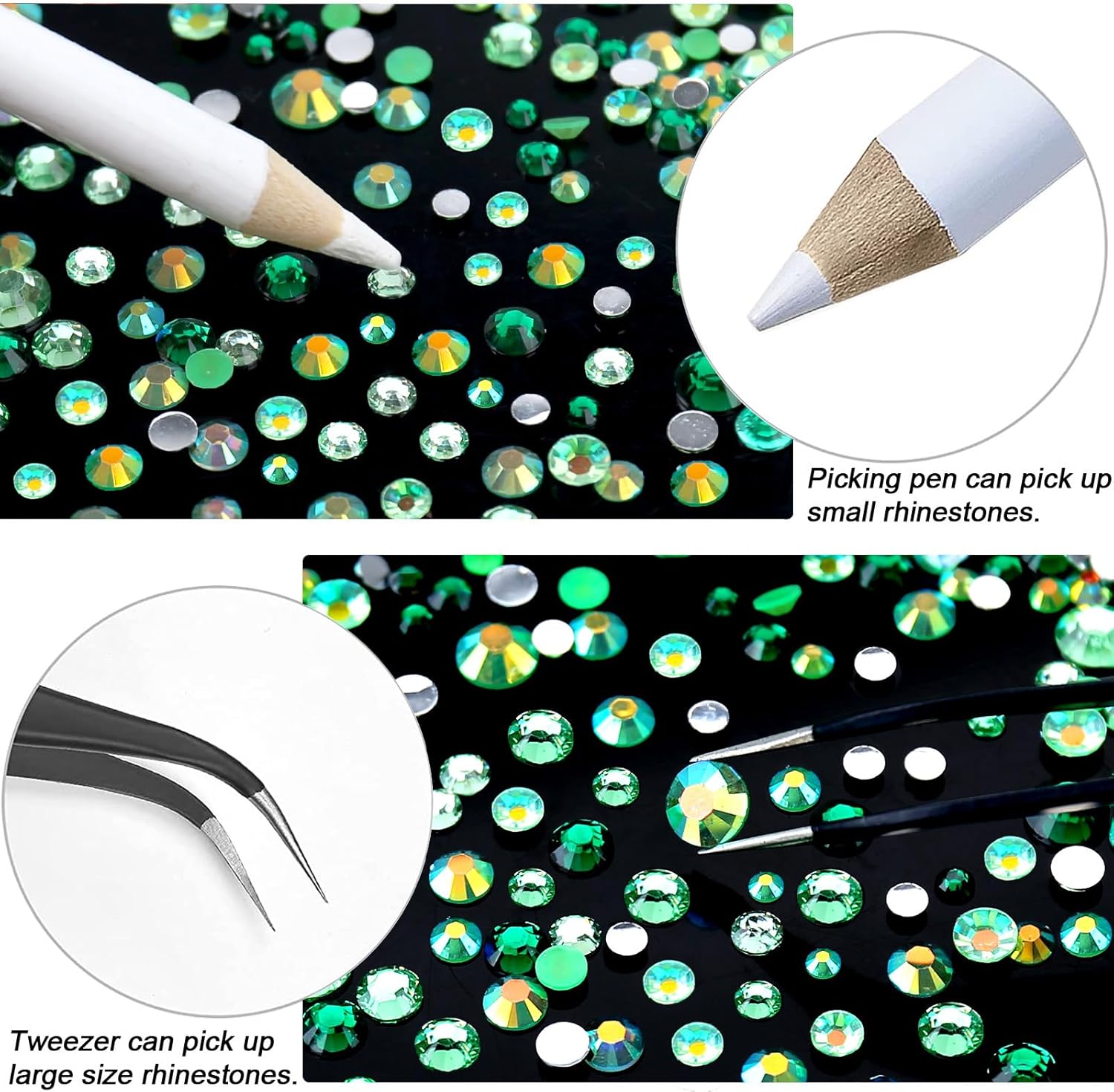 15000PCs 2-6MM Green Series Resin Flat Back Rhinestones, Round Non Hotfix Jelly & Silver Bottom Resin Rhinestones Nail Gems Stones with Tweezer & Picker Pen for Nail Art Tumblers & DIY Crafts - Image 3