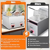 Vista 5 de Freidora comercial de doble tanque con 2 cestas y tapas, cada tanque de capacidad óptima de 6 litros/6.34 cuartos de galón, freidora eléctrica