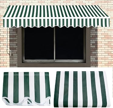 Retractable Patio Awning Fabric Replacement Outdoor Sunshade Canopy Awning Cover Water-Resistant Sun Shade Shelter Canvas for Garden Terrace Yard DeckSize10x8ft,ColorGreen White Stripes
