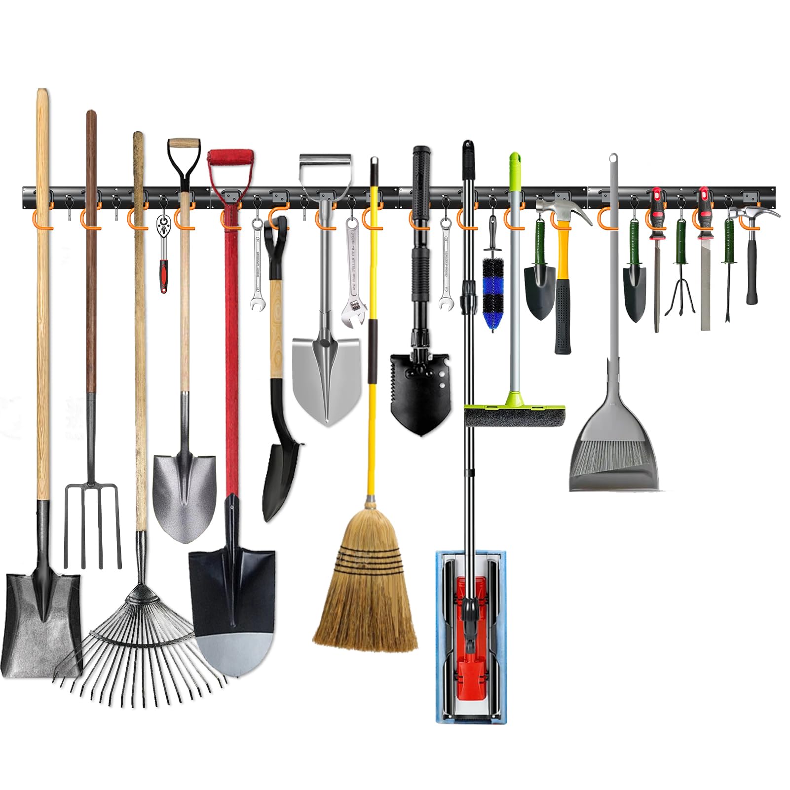 3-H Soporte Herramientas Pared 4x42cm, Organizador Herramientas Pared Acero Macizo Ajustable, Ganchos Garaje para Colgar Impermeable con 16 Ganchos +12 Pequeños, Jardín Garaje Baño(168cm/66.14inch)