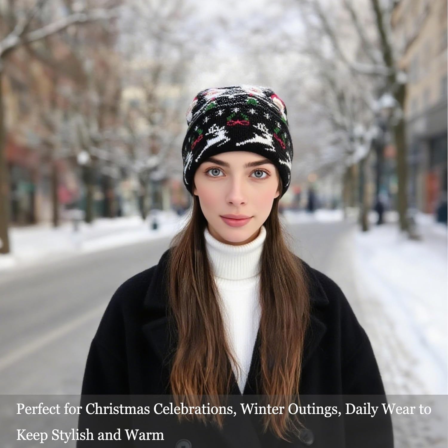 Christmas Knitted Beanie Hat Unisex Stretchable Knit Winter Hat with Santa Reindeer Pattern for Holiday Xmas Men Women Party Warmth, Black - Image 3