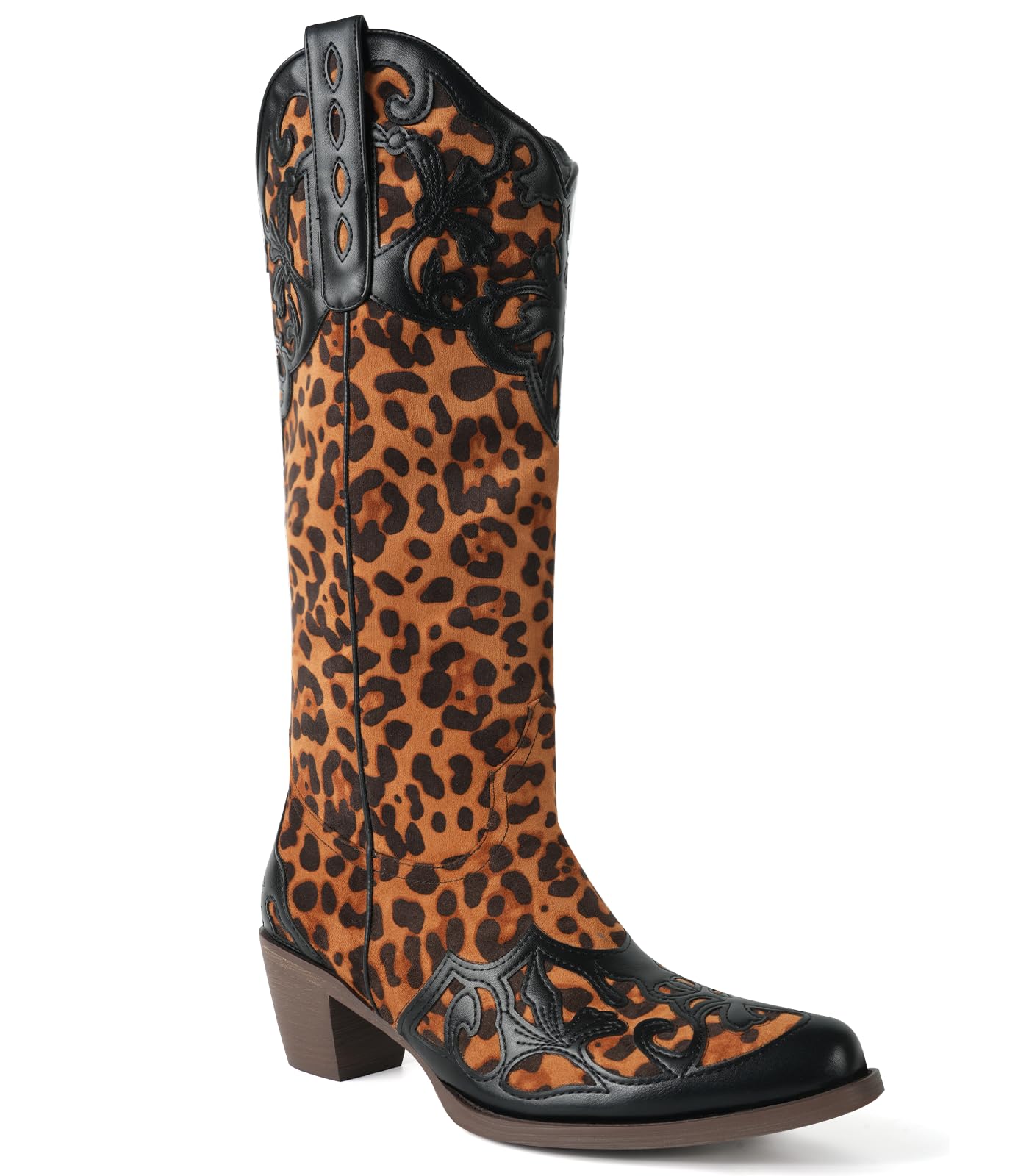 SO SIMPOK Leopard Print Cowboy Boots for Women Cheetah Pointy Toe Western Cowgirl Boot Knee High Wide Calf Slouchy Boots Casual Suede Chunky Heel
