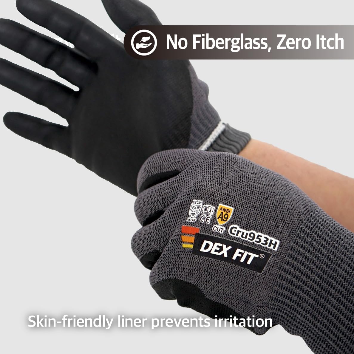 DEX FIT Cru953H Level A9 Cut Resistant Gloves, Fiberglass-Free, Power Grip Foam Nitrile, 3D Comfort Fit, Touchscreen, 13-Gauge for Sheet Metal, Stamping, Glass, Recycling; Blackgray XS 1 Pair - Image 4