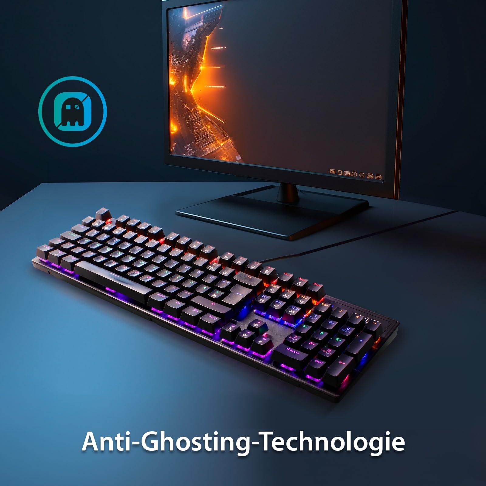 Eaxus® Clavier de jeu mécanique - Clavier de jeu LED avec touches macro et commutateurs bleus, taux de polling USB 1000 Hz, QWERTZ, noir