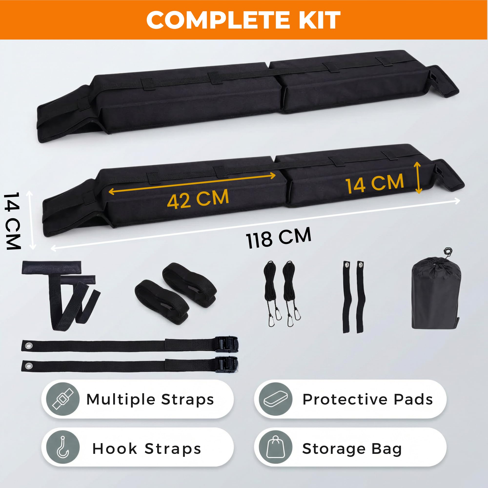Barras de Techo Suaves Universales para Coche, Baca Portaequipajes Acolchada Plegable con Correas y Ganchos para Kayak, Surf, Esquís y Equipaje