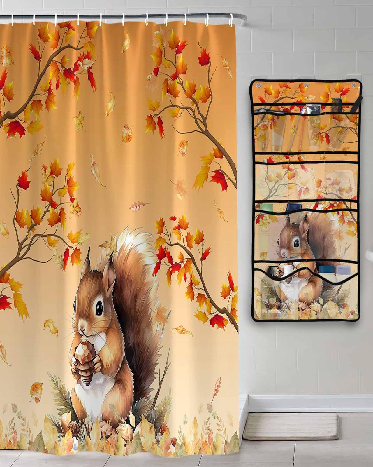Shower Curtain Mesh Shower Organizer Hanging Set Thanksgiving Fall Autumn Squirrel Maple Leaves Waterproof Shower Curtains with 10