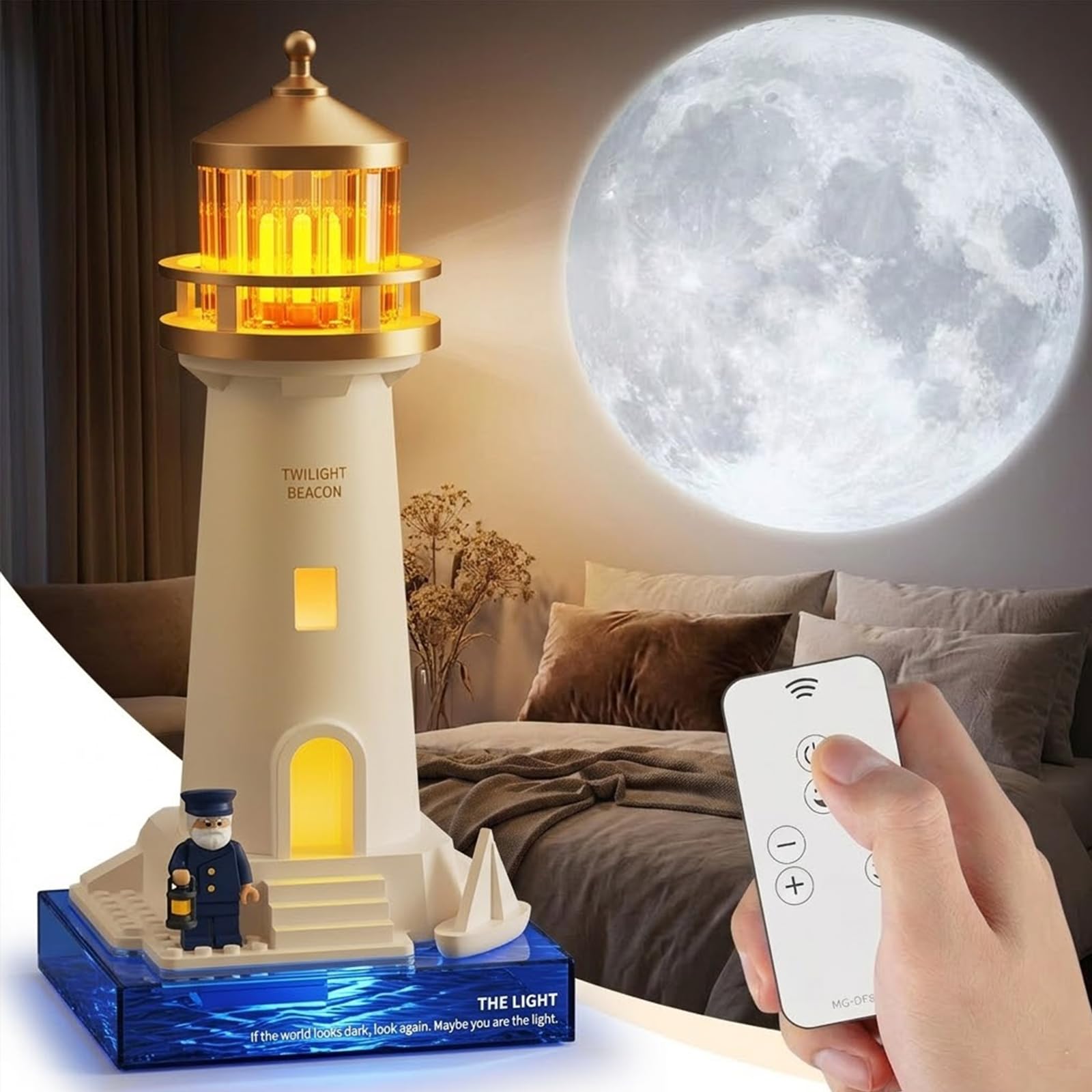 Luz nocturna de faro, lámpara de proyección recargable con control remoto, luna Saturno puesta de sol Aurora galaxia luz nocturna para decoración del hogar, regalo único