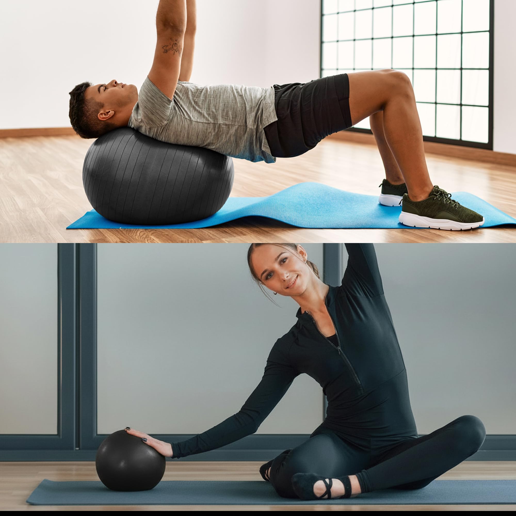 Juego de pelotas de yoga de 65 cm y 25 cm (negro)