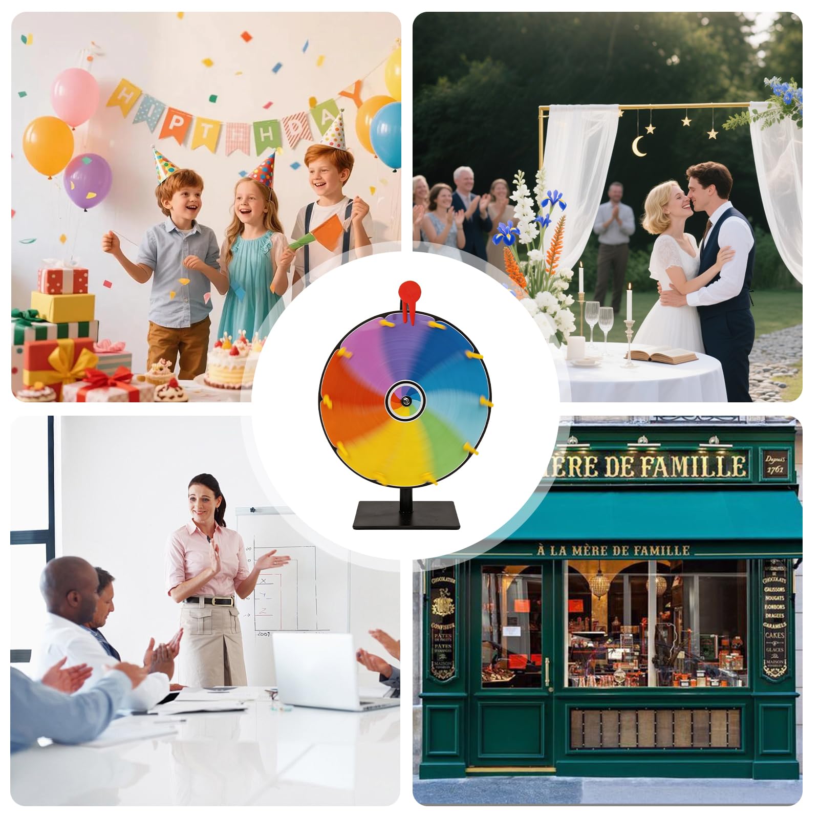Roue porte-bonheur de 30 cm à tourner avec support, 10 emplacements pour personnaliser soi-même avec marqueur et gomme, roue porte-bonheur de table, roulette de bonheur pour promotion, événement et