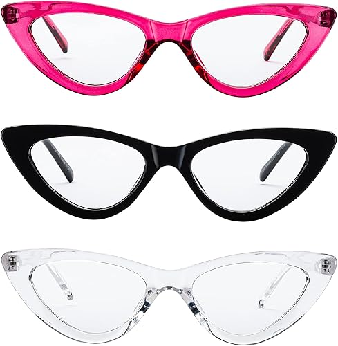 Miniatura 2 de Yogo Vision Paquete de 3 lentes de bloqueo de luz azul, lentes retro de ojo de gato para mujer, marco de plástico con bisagra de resorte claro