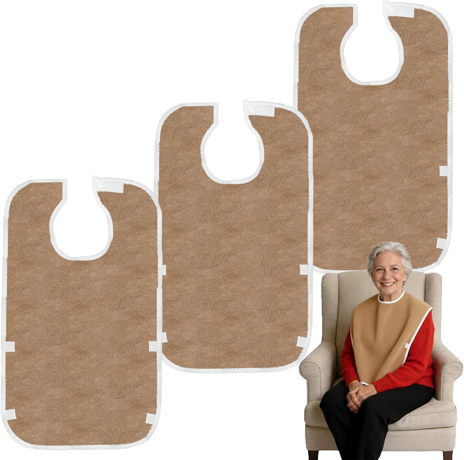 3 Pack Brown Premium Adult Bibs Adjustable Clothing Protectors for Men Women Seniors & Disabled Machine Washable Eating Bibs for Elderly Adults