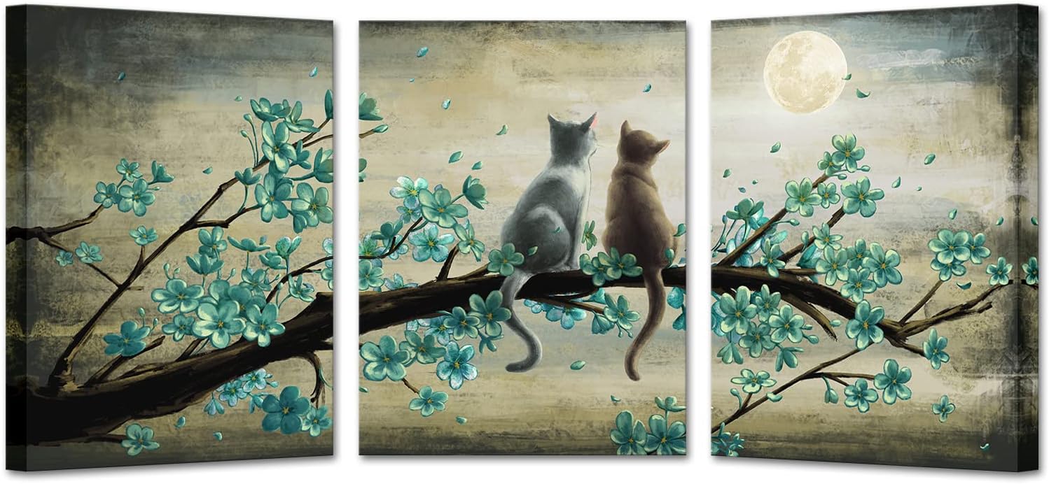 KREATIVE ARTS Vintage Canvas Wall Art Animal Resting 2 Cats Look at The Moon 12x16inch Wall Pictures Giclee bathroom Wall Decor on Canvas Stretched Artwork