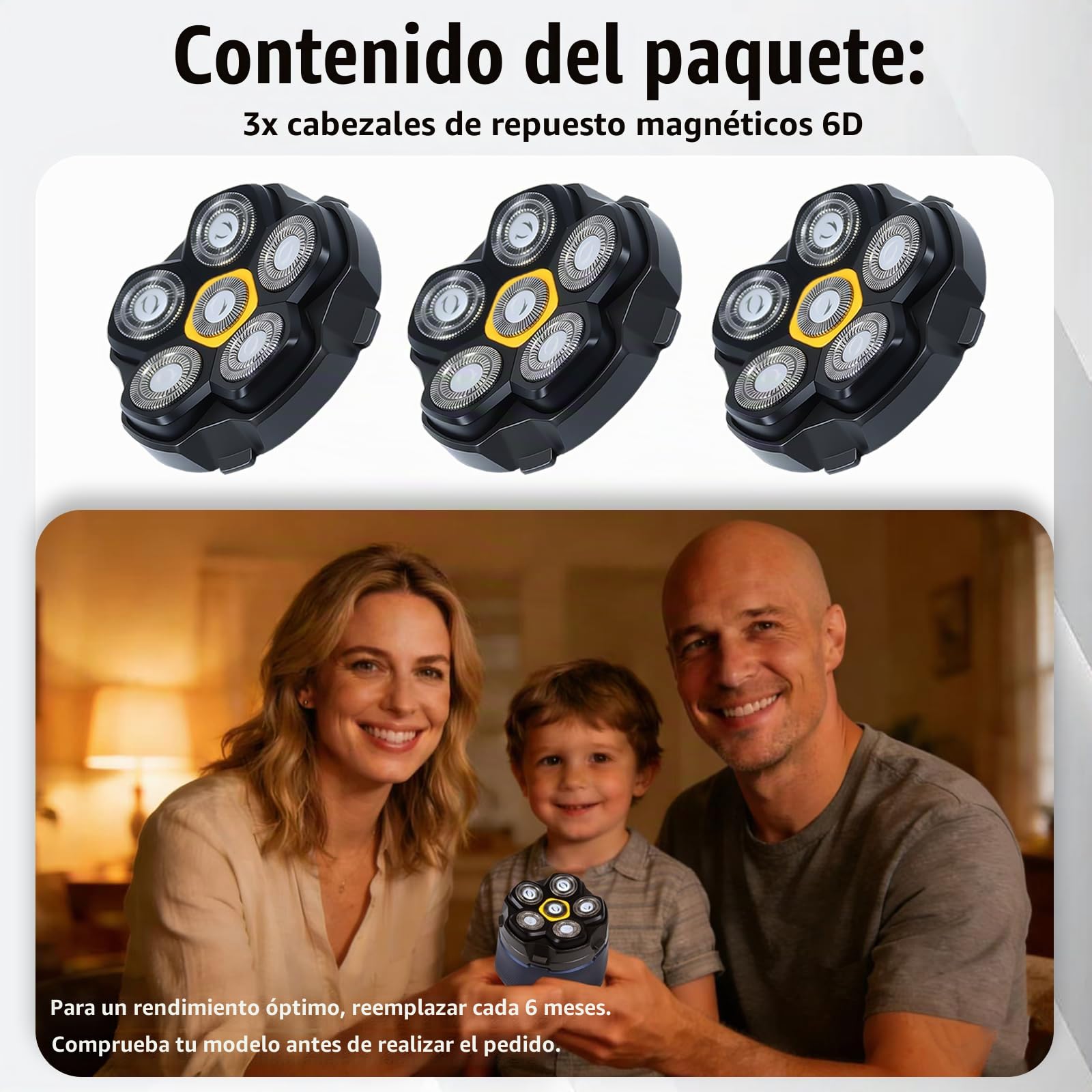 Cabezales de afeitar magnéticos de 6 cuchillas de repuesto para muchas máquinas de afeitar eléctricas magnéticas 6D, compatibles con DOAO, Kensen, JoyKoi y Kibiy. (3 piezas)