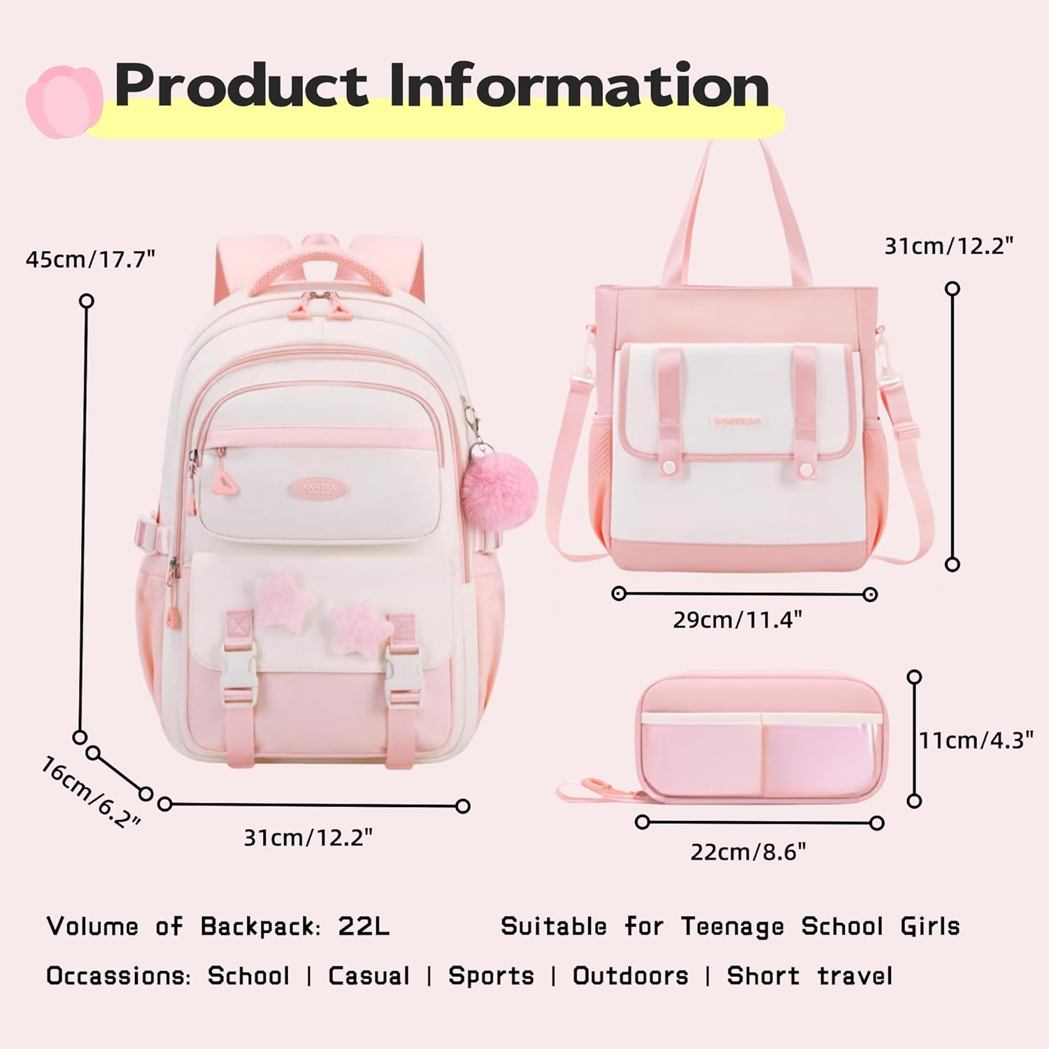 3Pcs Black Backpack for Girls, Teen Girls Backpack Set with Tote Bag for Elementary Middle School Kids, with Star Pins and Furry Pendant, A08-3Pcs Black - Image 3