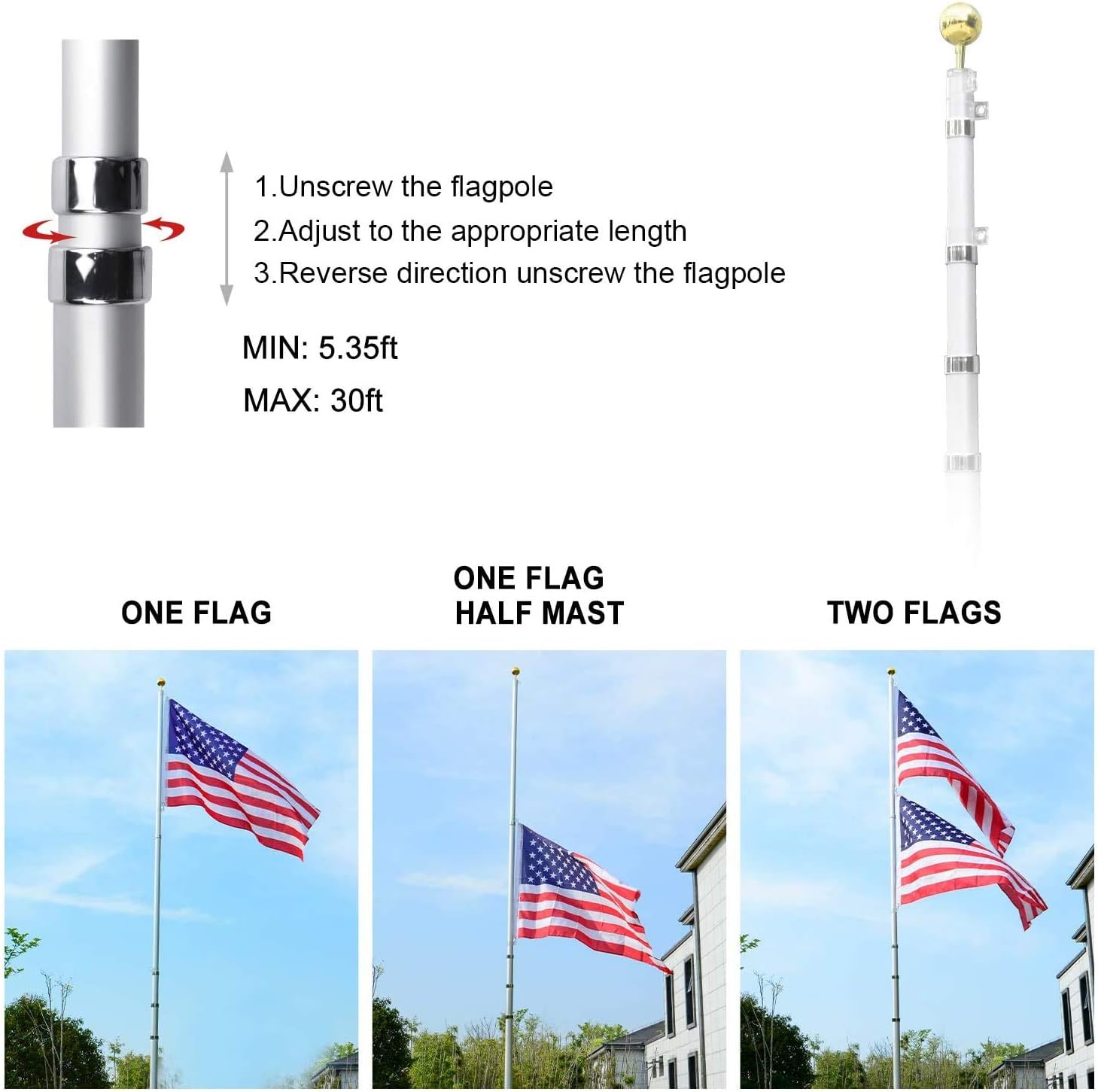 Klvied 30FT Telescopic Flag Pole, Heavy Duty Aluminum Flagpole Kit Fly 2 Flags, Outdoor Extra Thick Flag Pole with 3x5 America Flag, Golden Ball Top for Commercial, Residential, Outdoor Use