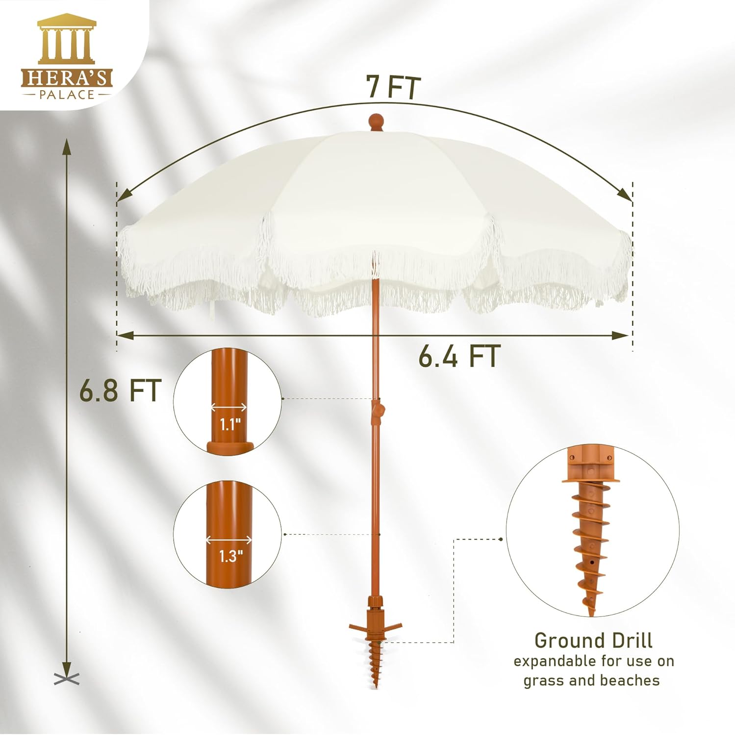 HERA'S PALACE 7ft Heavy Duty Beach Umbrella with Sand Anchor, Fringe Umbrella for Sand, UV 50+, Patio Umbrella with Tilt Pole for Garden Pool Backyard