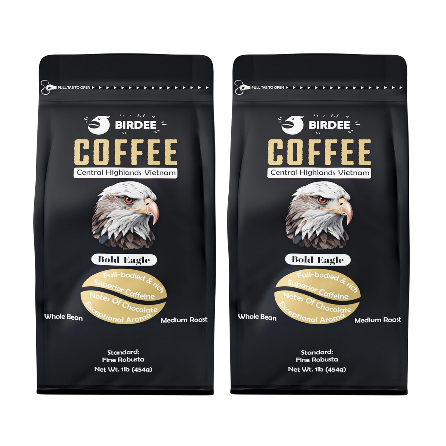 Birdee Robusta Coffee Beans - 32 oz (Pack of 2), Medium Roast, Intense Bold Flavor, Hand Picked, Whole Bean for Fresh Grind, Vietnam Origin