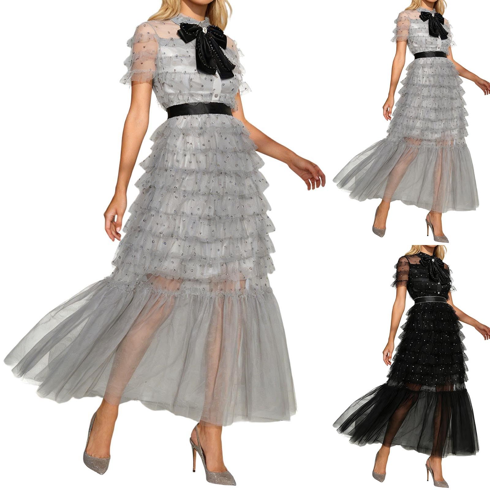 Vestido de noche largo para mujer, vestido de varias capas, malla asimétrica, vestido de tul, manga corta, cuello redondo, túnica, línea A, malla, vestido de cóctel, boda, fiesta