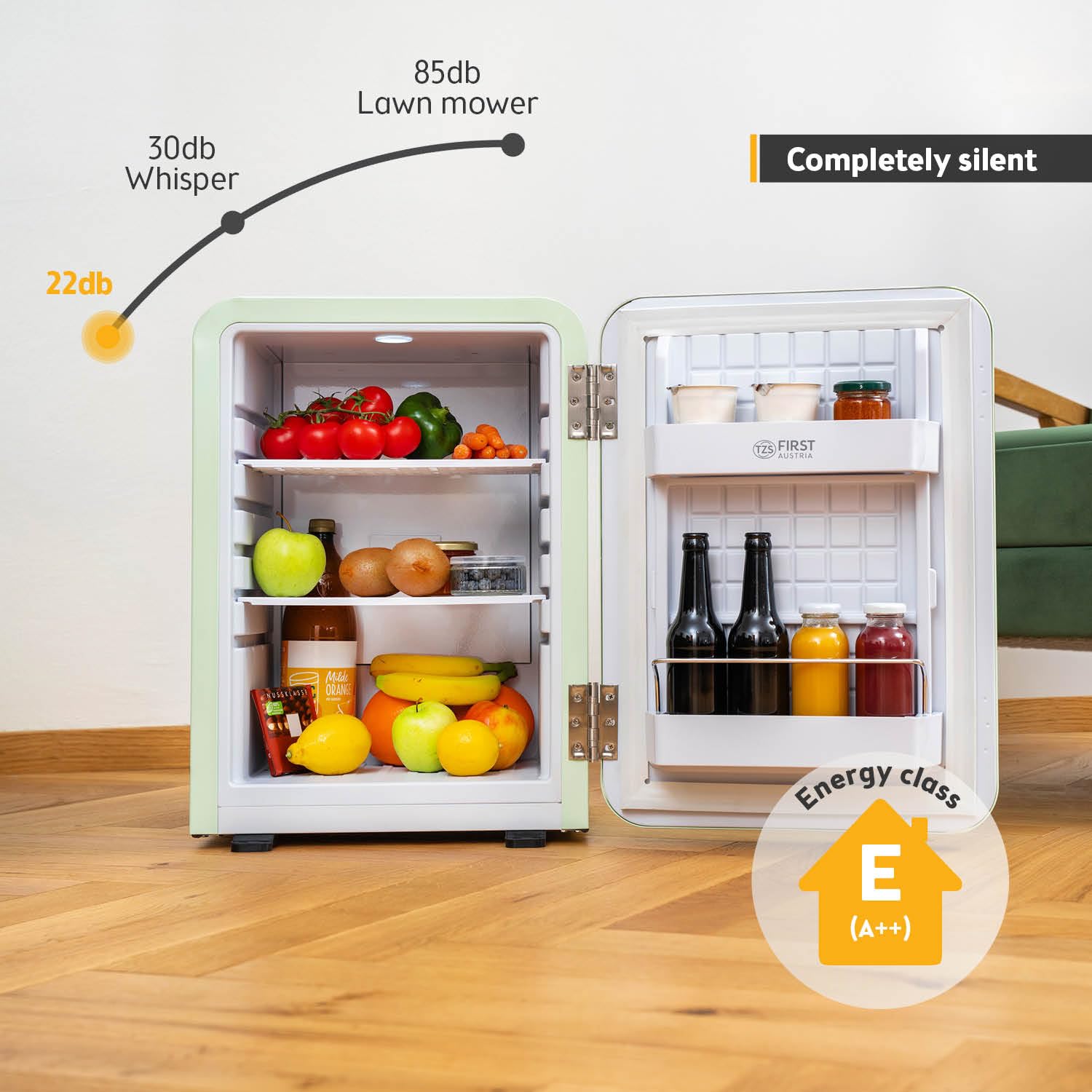 TZS First Austria - Retro Mini Fridge 40L - Silent Operation - Vintage Minibar for Bedrooms & Offices - Mint - 4