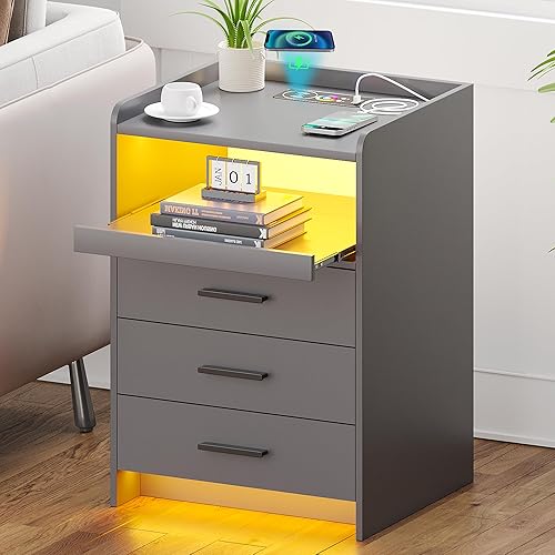 Miniatura 8 de JDPAG Juego de 2 mesitas de noche con estación de carga inalámbrica, mesita de noche con sensor automático regulable de 24 colores con puertos USB