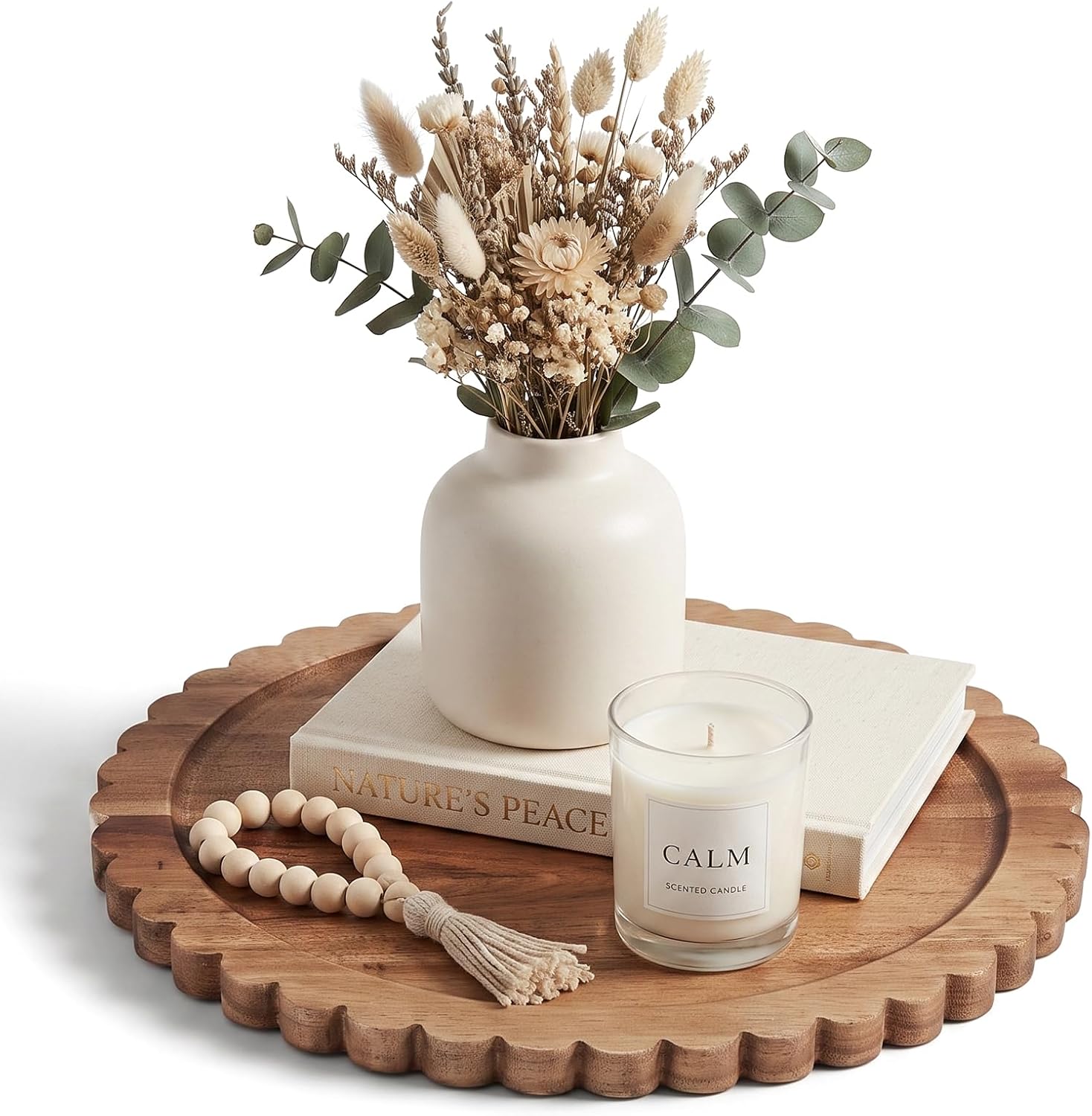 Solid Acacia Wood Decorative Tray, 12 Inch Round Scalloped Wood Tray Wooden Coffee Table Tray