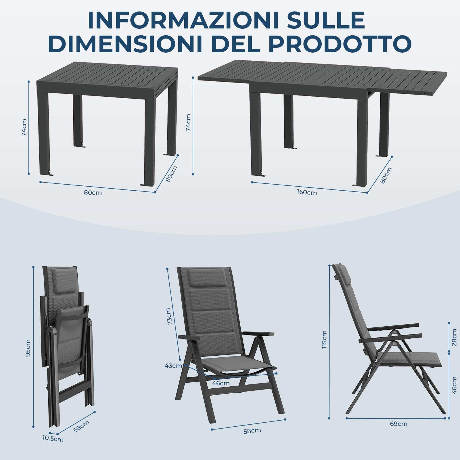 Devoko Set Tavolo e Sedie da Giardino 7 Pezzi, Composto da 1 Tavolo in Alluminio e 6 Sedie Pieghevoli, Tavolo da Giardino Allungabile (80/160 cm), Set Tavolo e Sedie da Esterno, Grigio