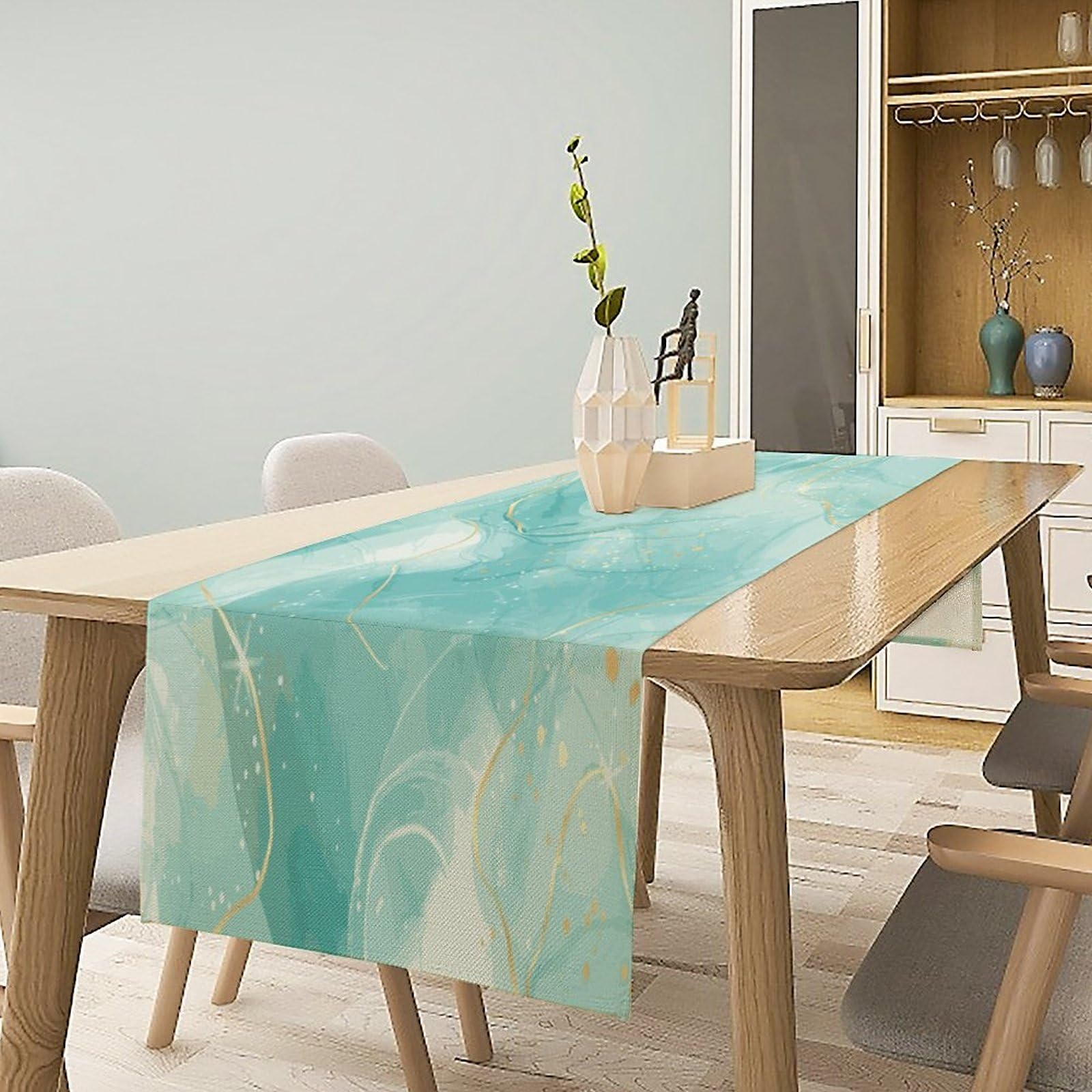 Camino de mesa de mármol con patrón de textura verde y dorado, decoración de tocador, jardín, granja, boda, fiesta, vacaciones, cena, hogar, 13 x 60 pulgadas