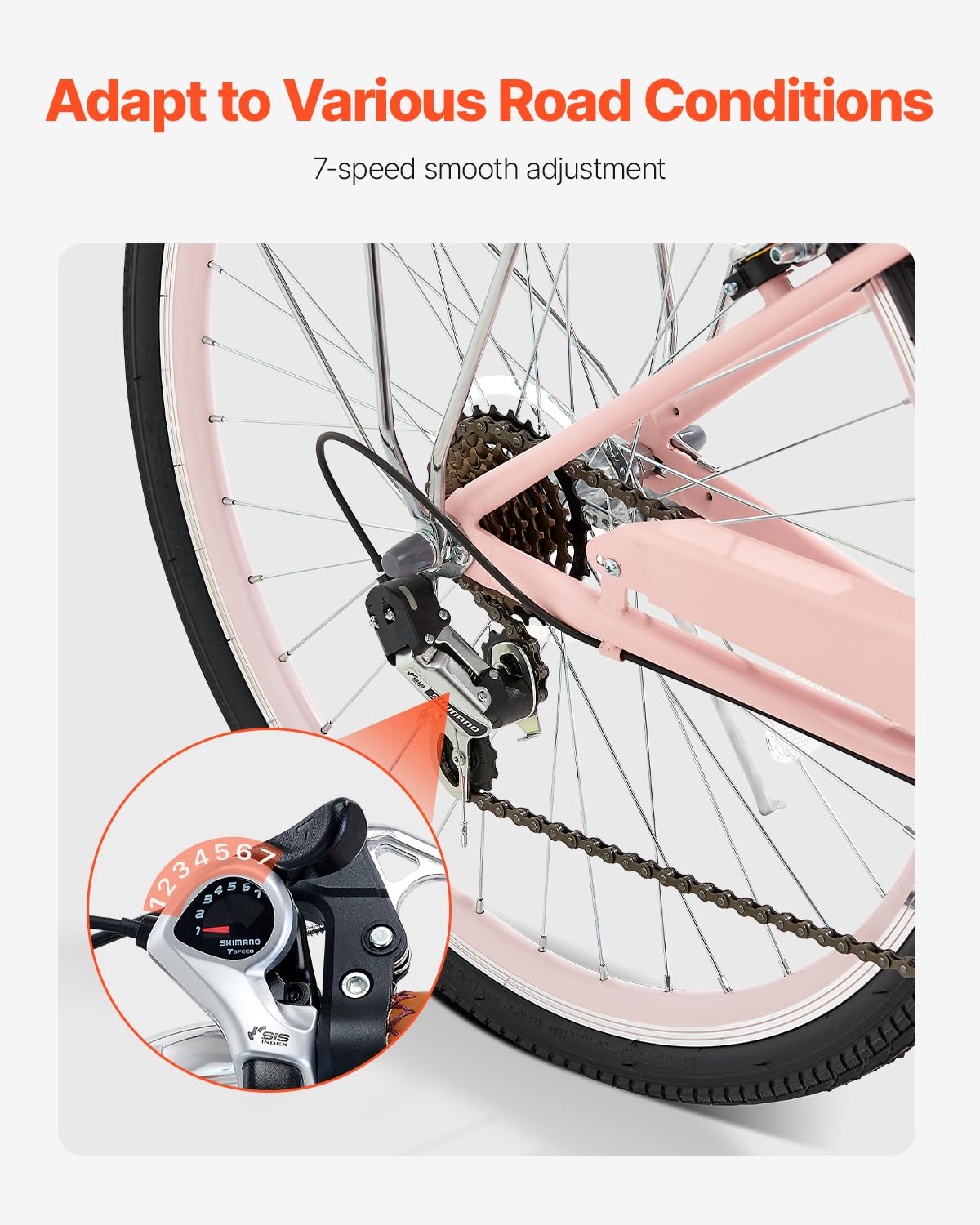 VEVOR Cruiser - Bicicleta de playa con 7 velocidades (diámetro del neumático 660,4 mm) con cesta grande y portaequipajes, bicicleta cruiser con asiento ajustable, para ciclismo, entrenamiento y