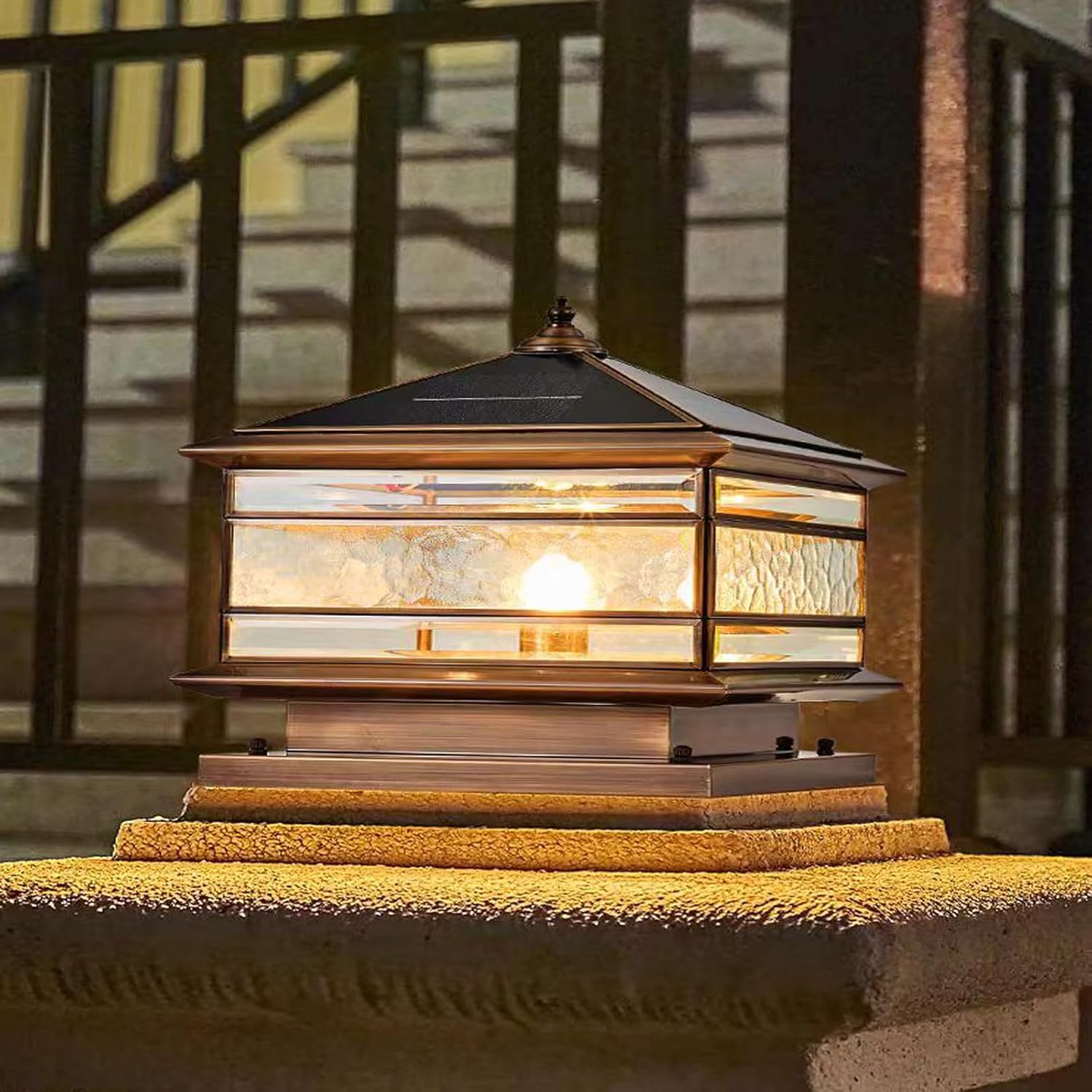 All Copper Steel Glass Outdoor Post Lights, Waterproof Pillar Light, Vintage Patio Lawn Column Lamp,Outdoor Column Lights,Deck Lights, Lantern Fence Lamp Fixture E26 Base (Solar, 12X12in)