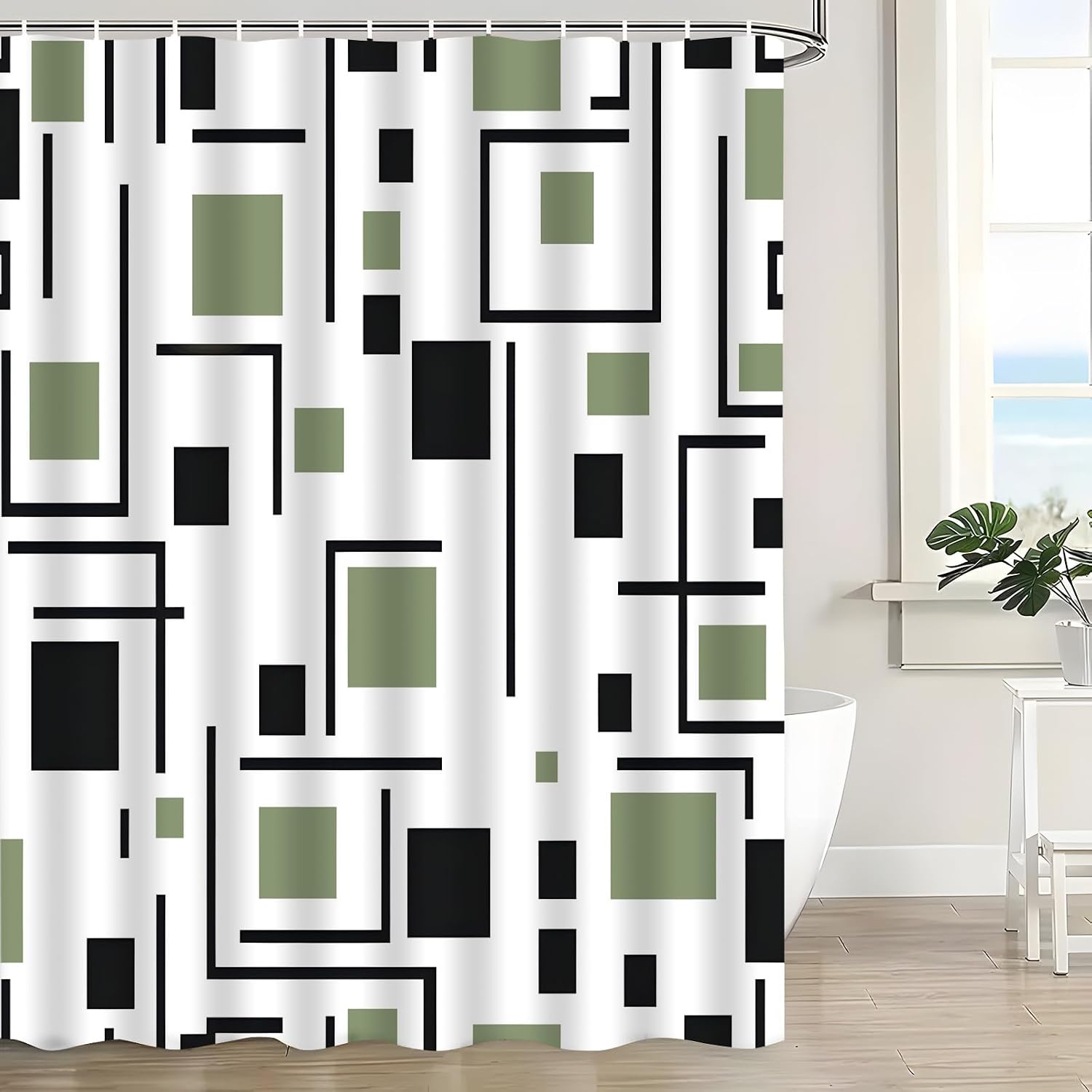 Sage Green Geometric Shower Curtain Abstract Square Line Black and White Art Neutral Mid Century Modern Minimalist Boho Polyester Bath Curtain with Hooks, 70x70 Inch