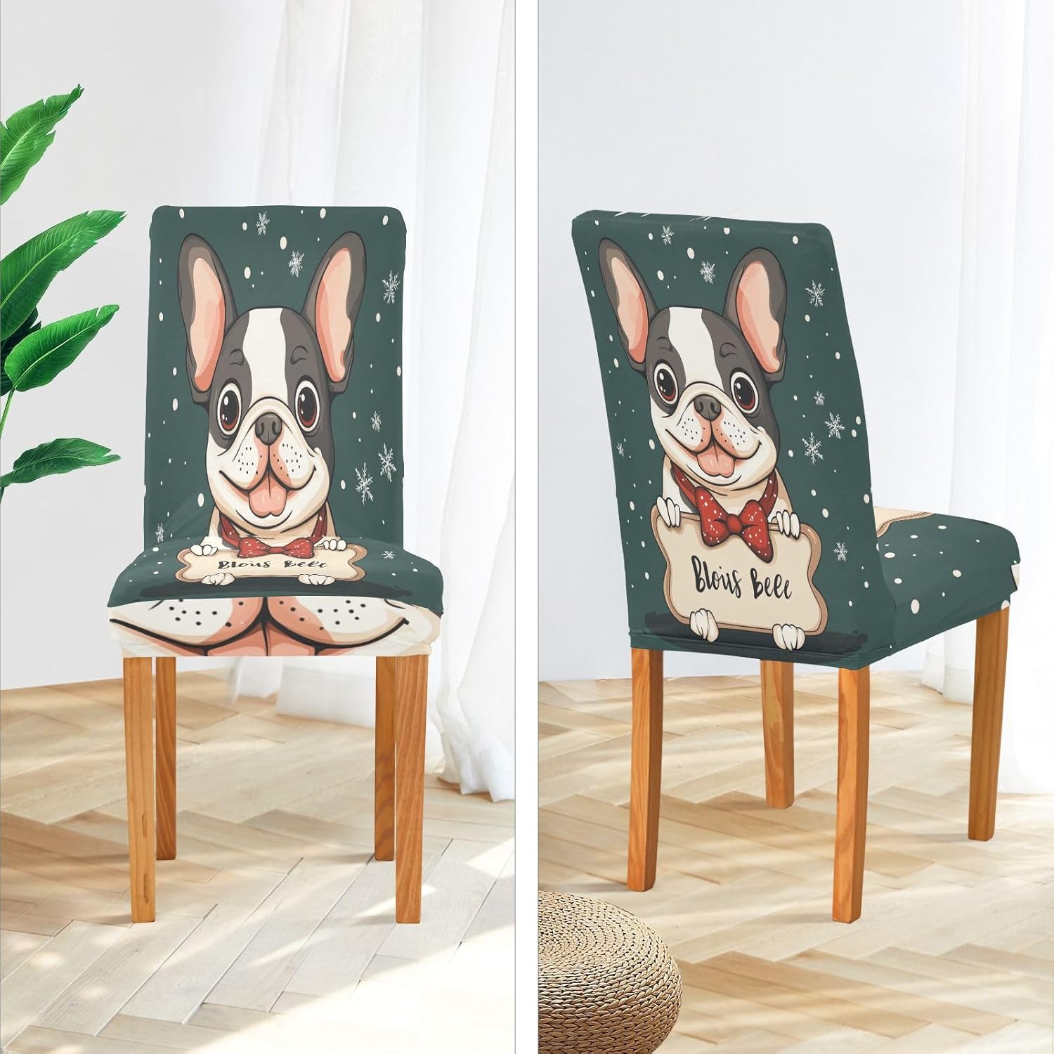 ALAZA Chair Covers for Dining Room, Merry Christmas French Bulldog Bone Tsnowflake Stretch Chair Cover Sets Chair Protector Removable Washable for Ktichen Restaurant Hotel