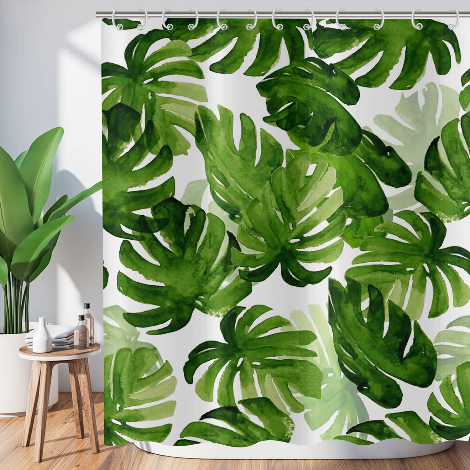Hnmdmyi Green Leaf Shower Curtain 165x180, Tropical Palm Leaves Shower Curtains Jungle Plant Botanical Bathroom Curtains with Hooks Waterproof Polyester Fabric Washable Bath Curtains for Wet Room — image 1